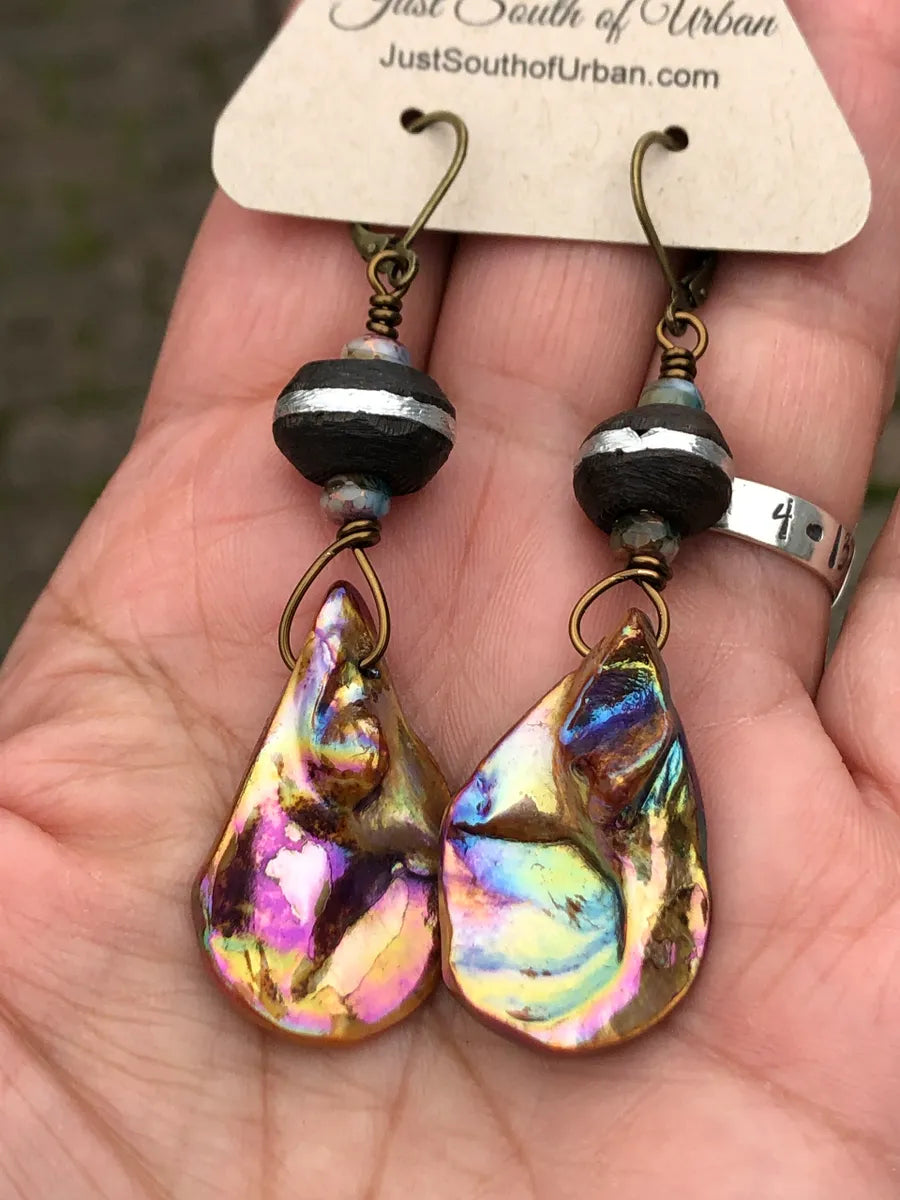 Abalone Shell Earrings with Silver Inlay Wood Beads and Czech Glass Faceted Beads