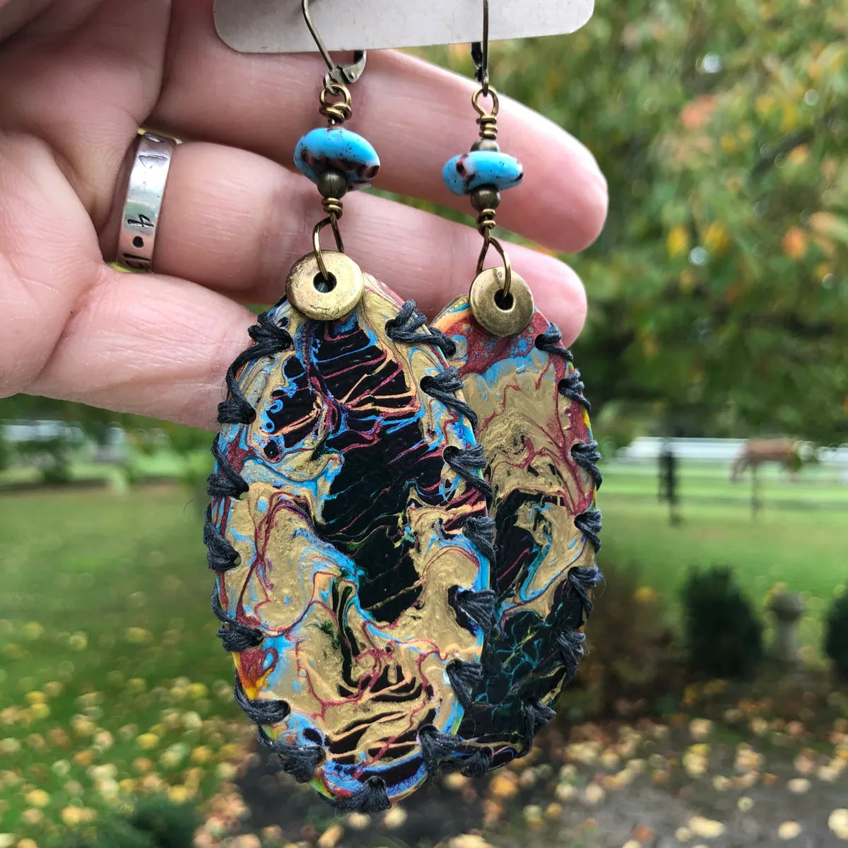 Paint Pour Earrings, Black, Gold, Blue with a Touch of Pink, 4" x 1.25", Lever Back Clasp