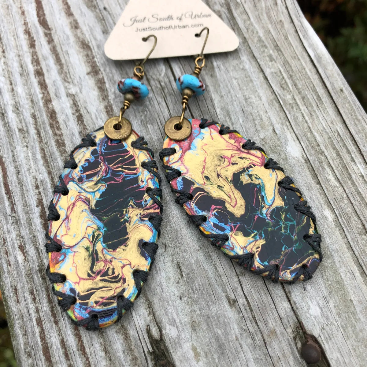 Paint Pour Earrings, Black, Gold, Blue with a Touch of Pink, 4" x 1.25", Lever Back Clasp